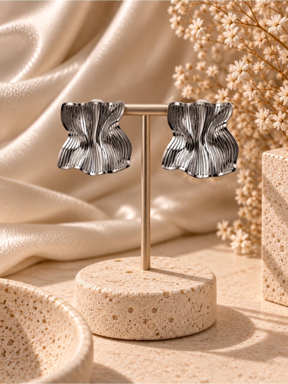 Silver Textured Wave Statement Earrings